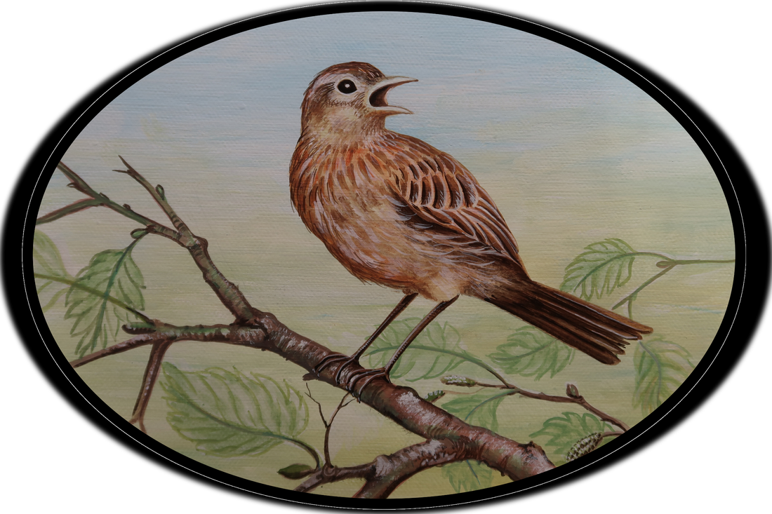 A painting of a lark perched on a branch, singing
